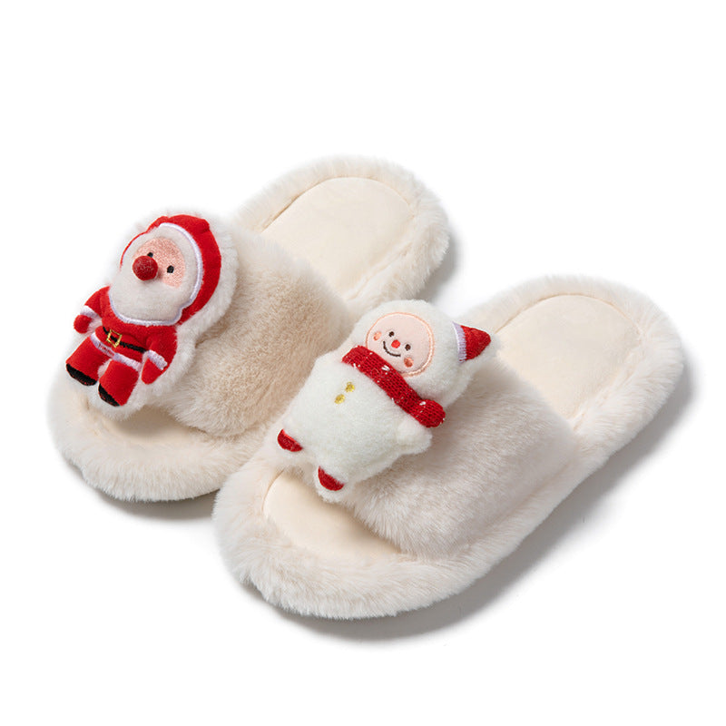 Christmas Shoes Ins Santa Claus Open-toe Cotton Slippers Winter Home Indoor Floor Plush Warm Furry Slippers Women